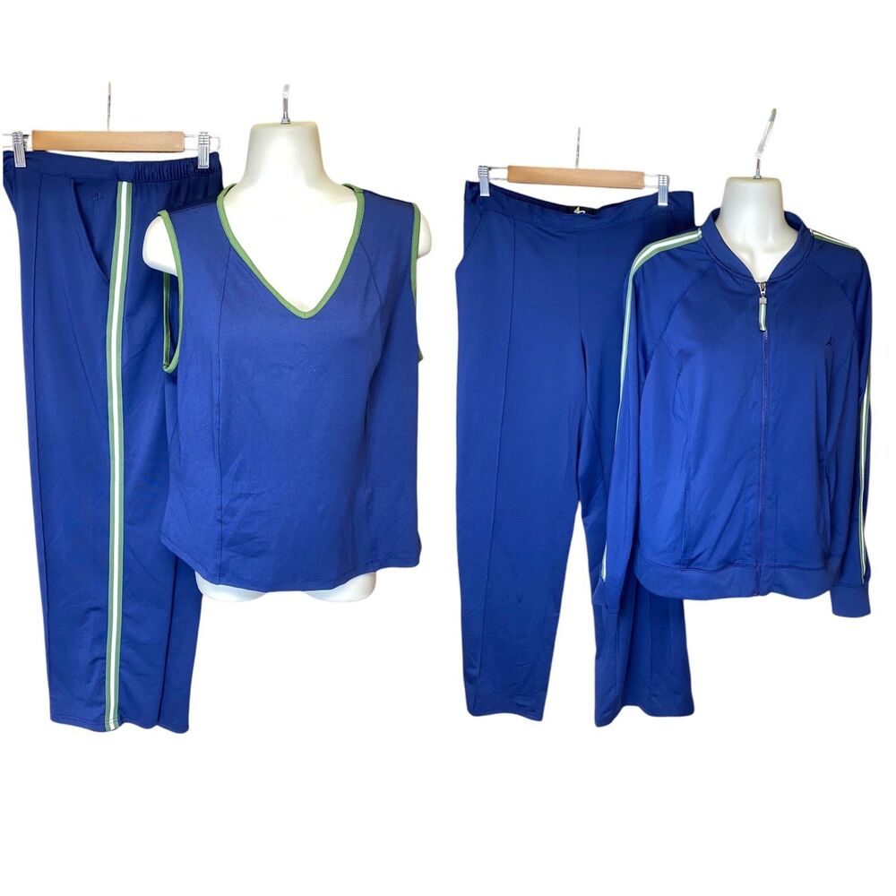 Vtg Atletech 90s 3pc Tracksuit M Navy Green Zip Jacket Pants Top Retro Sport Set